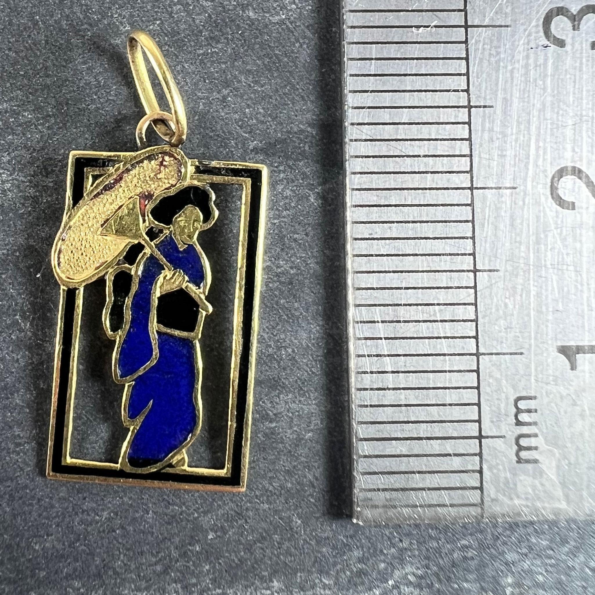 Vintage Deco Japanese Lady Geisha Kimono Enamel 18K Yellow Gold Charm Pendant For Sale 4