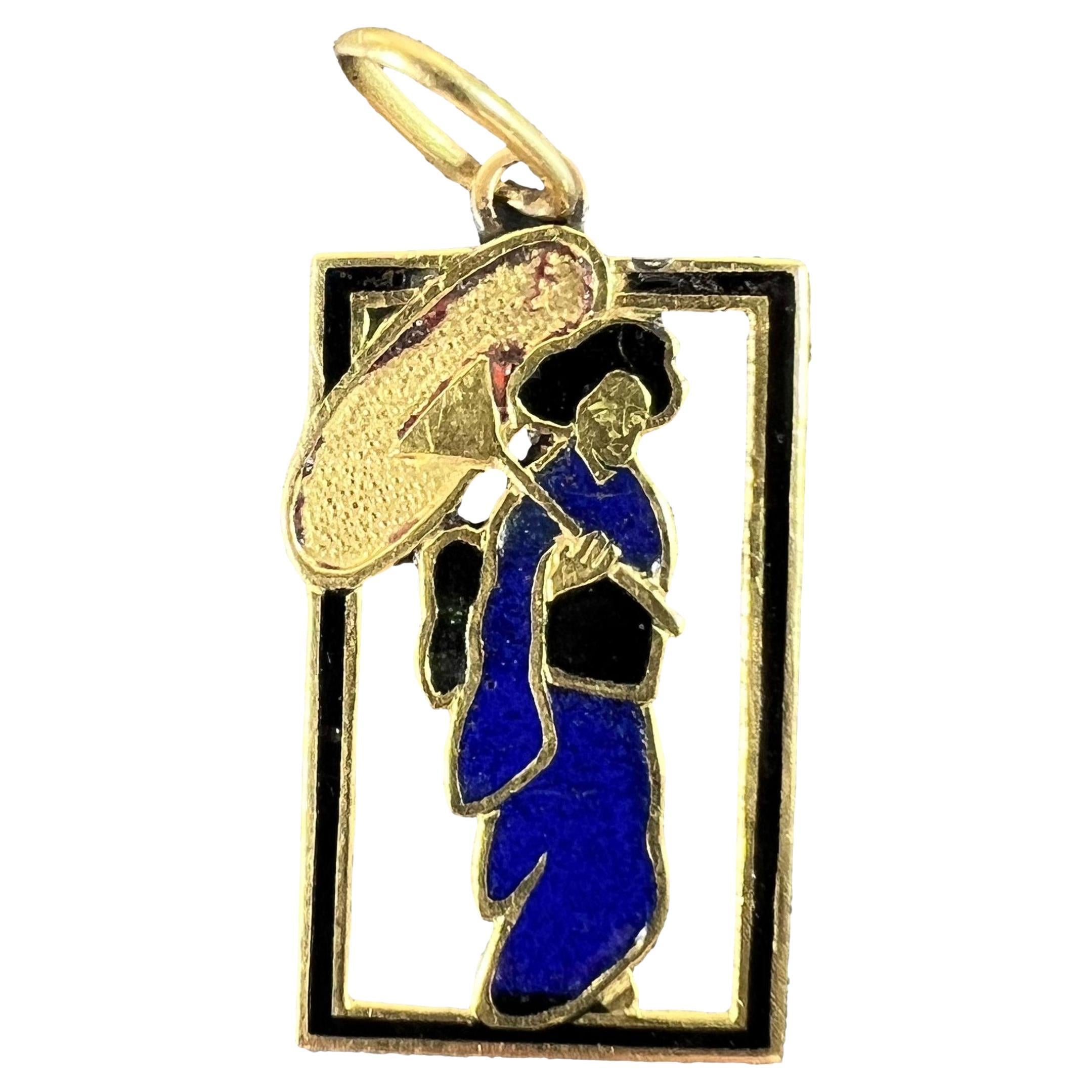 Vintage Deco Japanese Lady Geisha Kimono Enamel 18K Yellow Gold Charm Pendant For Sale