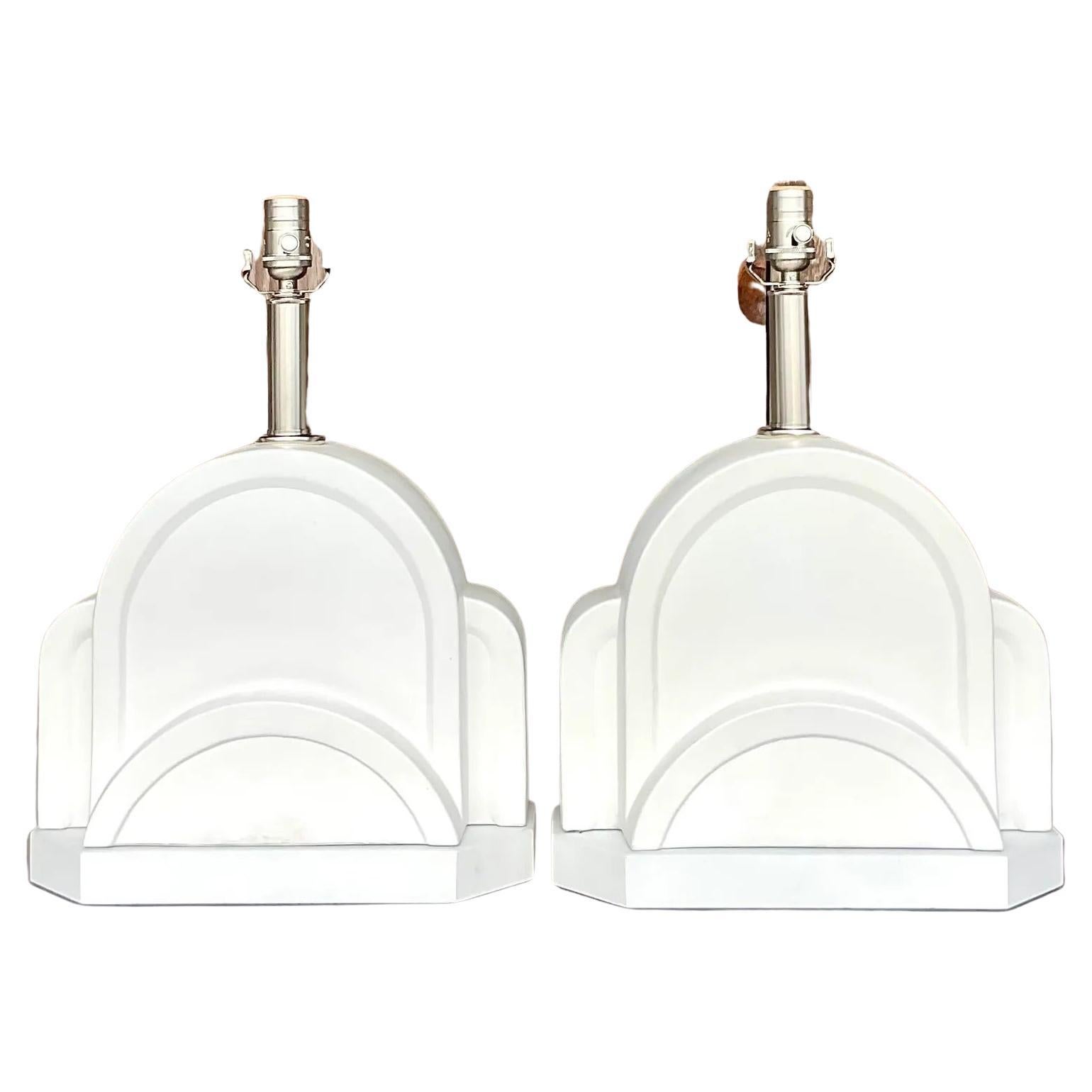 Vintage Deco Matte Glaze Arched Table Lamps - a Pair For Sale