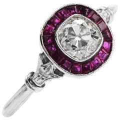 Vintage Deco Old Cushion Diamond Ruby Platinum Engagement Ring