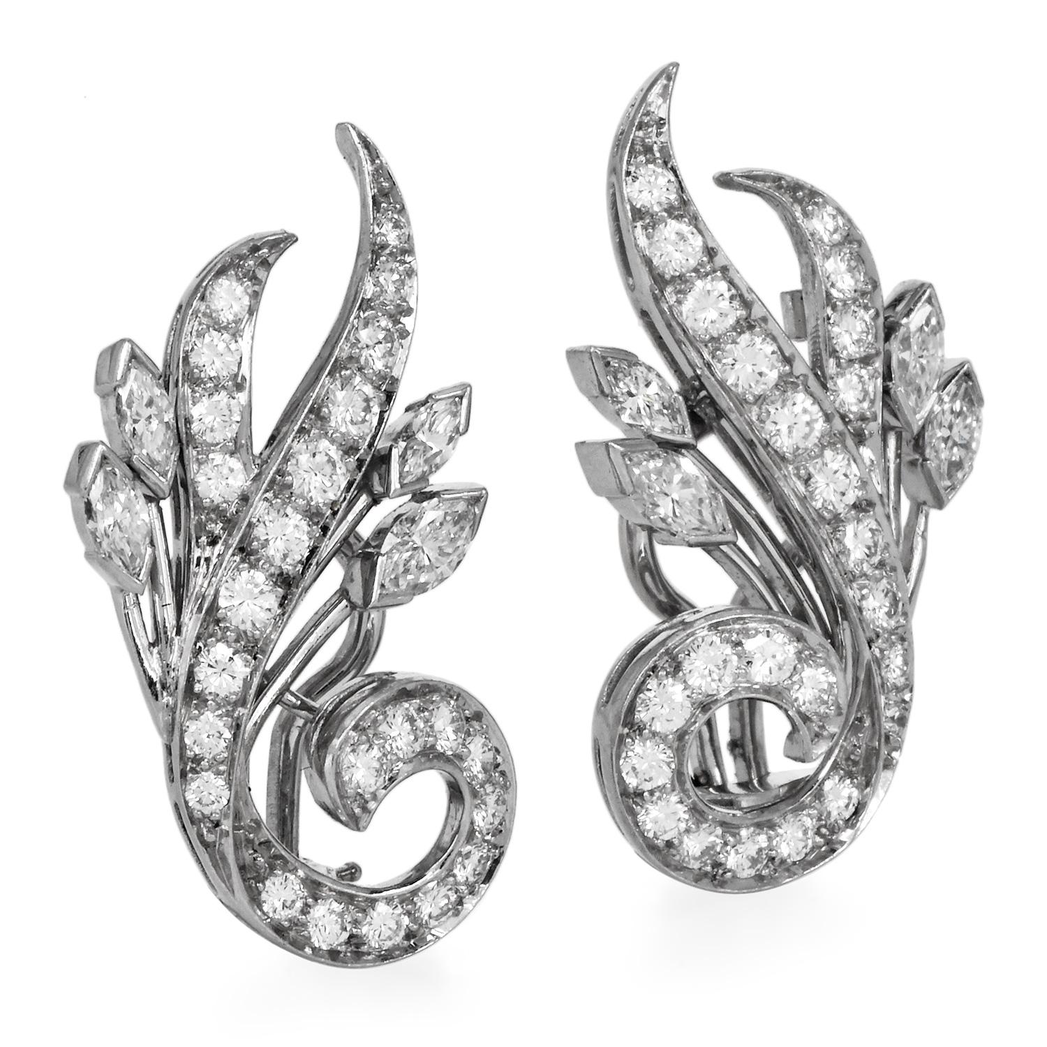 Vintage Deco Platin Diamant Floral Clip-On Ohrringe im Zustand „Hervorragend“ im Angebot in Miami, FL