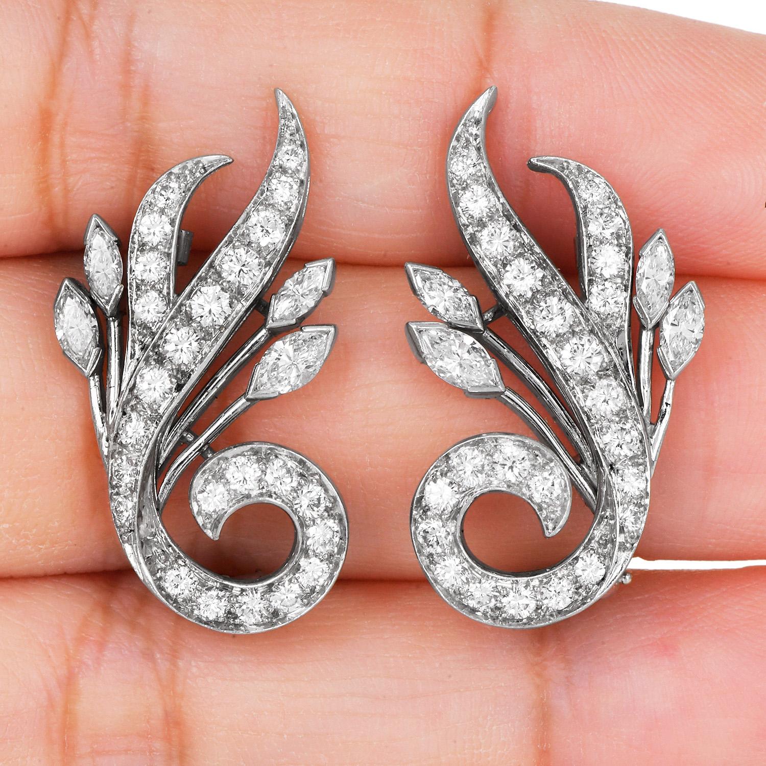 Vintage Deco Platin Diamant Floral Clip-On Ohrringe Damen im Angebot