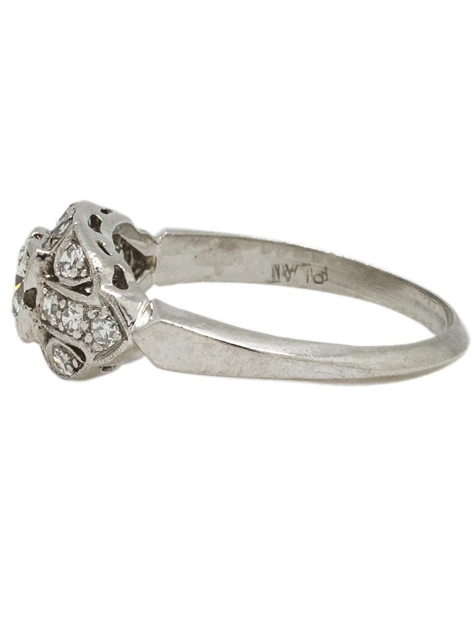 This lovely vintage platinum diamond engagement ring set with 0.50ct round brilliant center, I color-SI2 clarity, is brimming with antique detail. With fourteen bead-set single-cut side diamonds weighing approximately .30ct, this piece is stunning