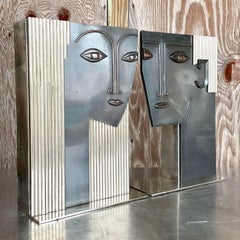 Vintage Deco Polishes Metal Sculptural Face Sculpture Vases After Hagenhauer-Pr