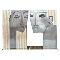 Vintage Deco Polishes Metal Sculptural Face Sculpture Vases After Hagenhauer-Pr