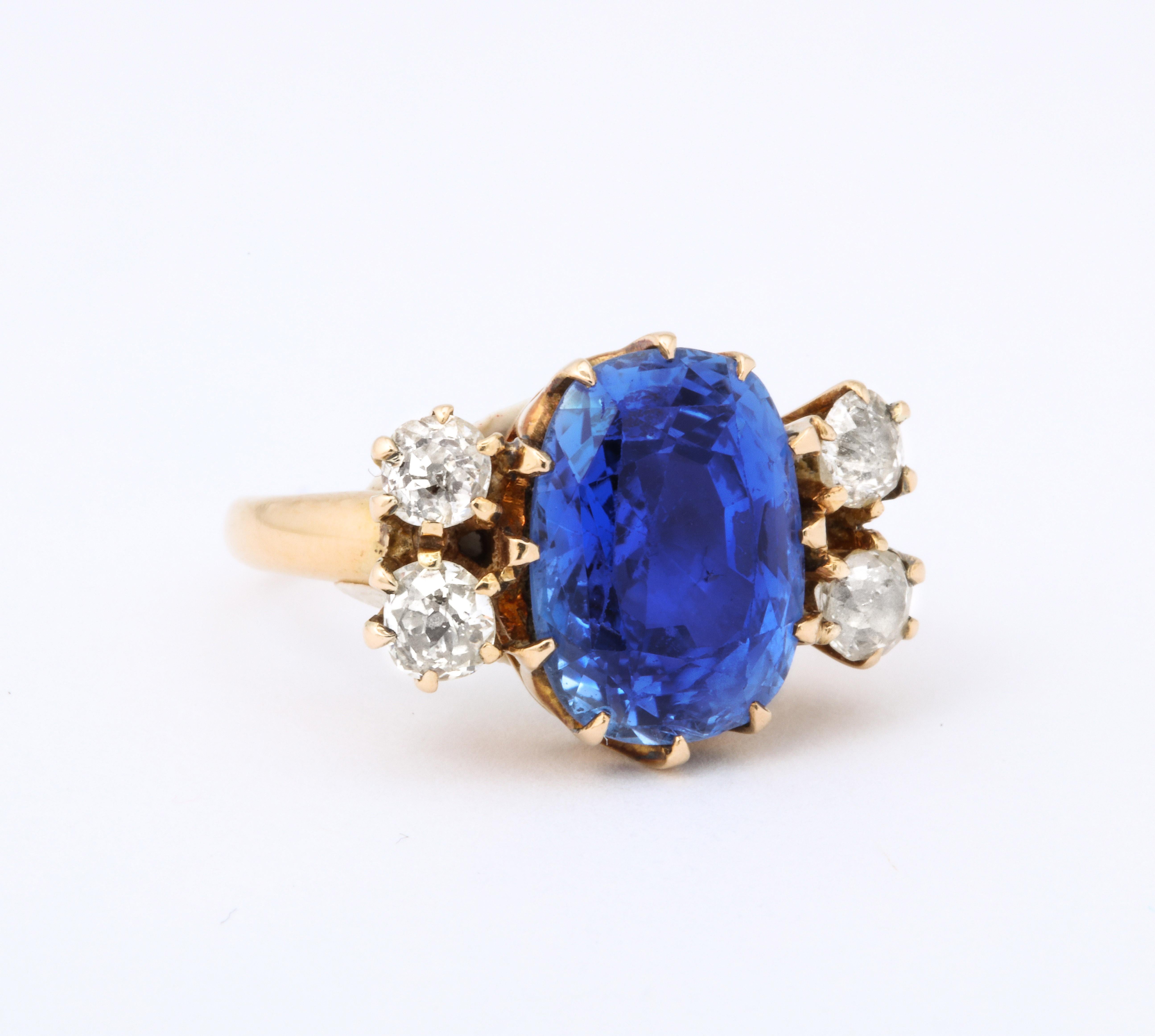 Art Deco Edwardian Natural Ceylon Oval Sapphire Ring with Diamonds  18K