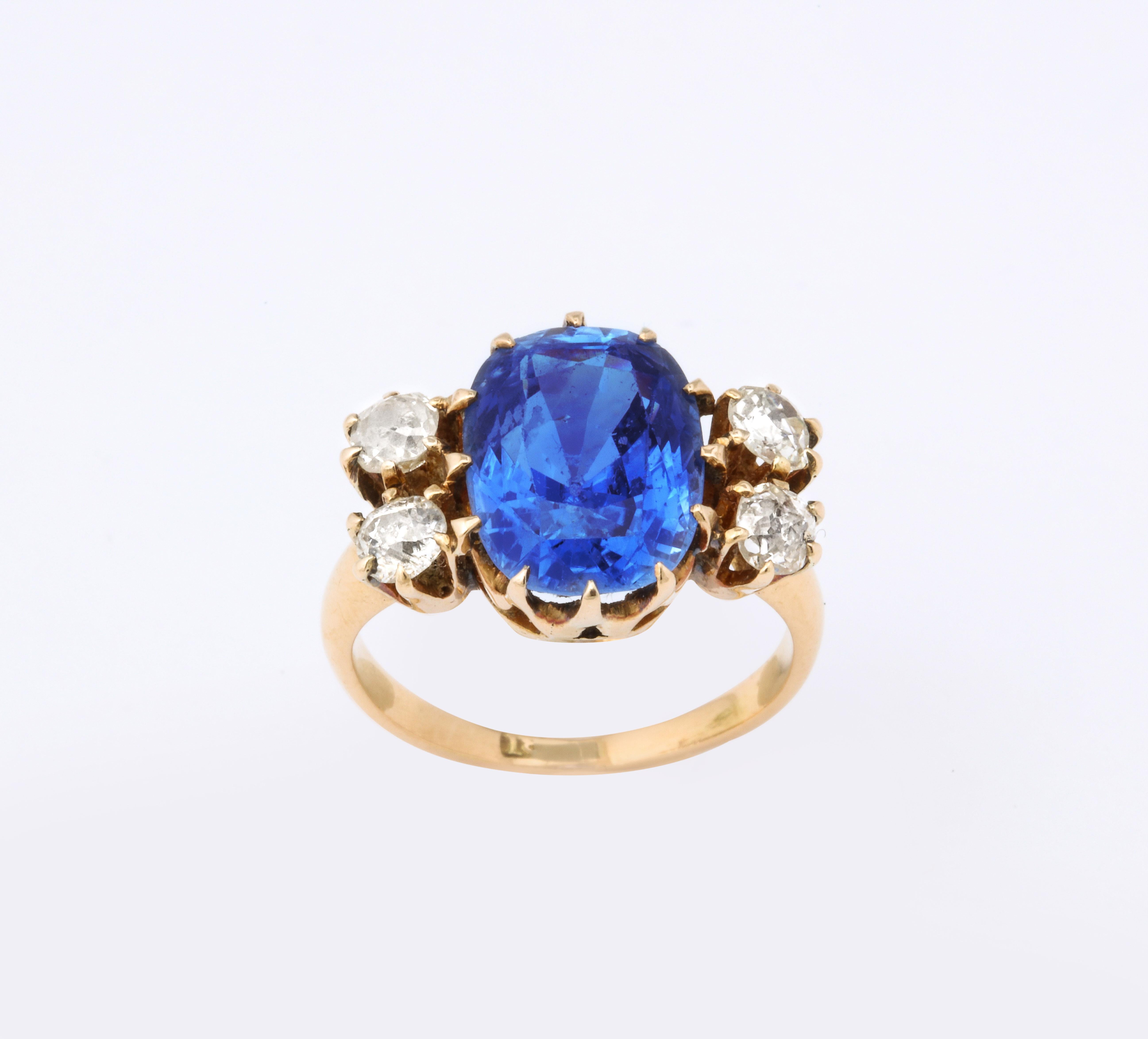 Edwardian Natural Ceylon Oval Sapphire Ring with Diamonds  18K 3