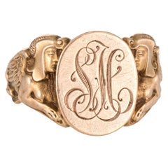 Vintage Deco Signet Ring Egyptian Revival Sphinx Man Lion 14k Gold Men's