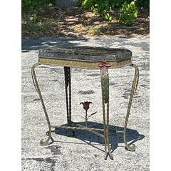 Vintage Deco Stone and Wrought Iron Side Table