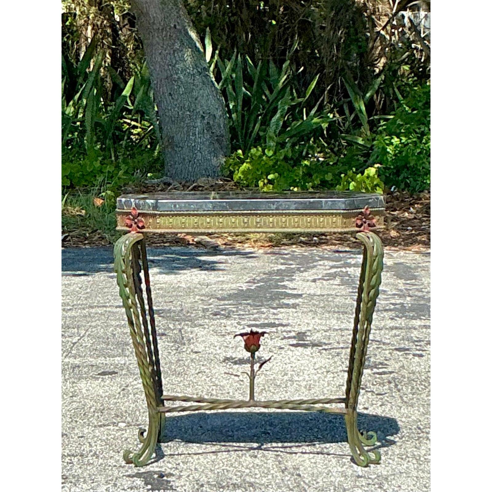 Hollywood Regency Vintage Deco Stone and Wrought Iron Side Table For Sale