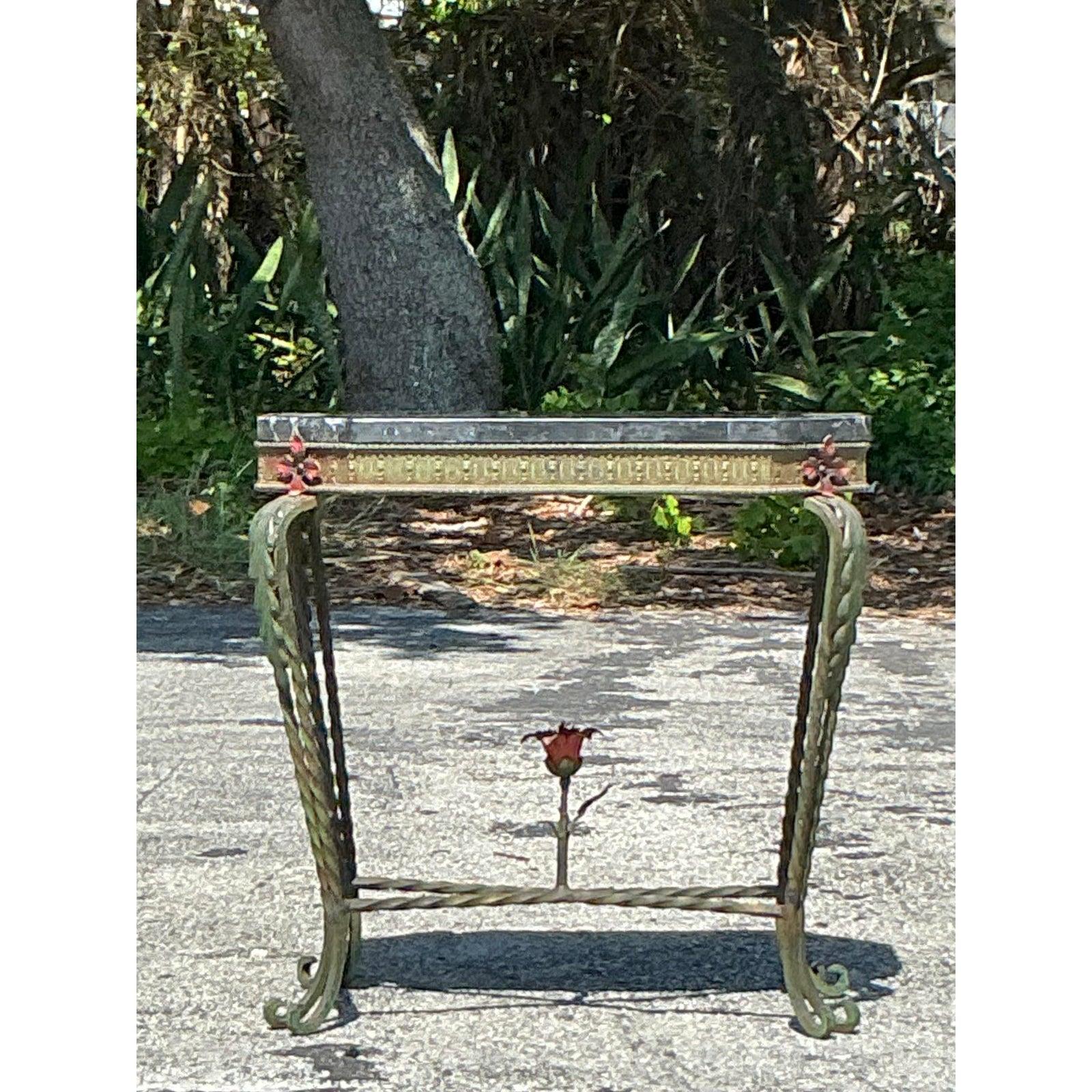 Vintage Deco Stone and Wrought Iron Side Table In Good Condition For Sale In west palm beach, FL