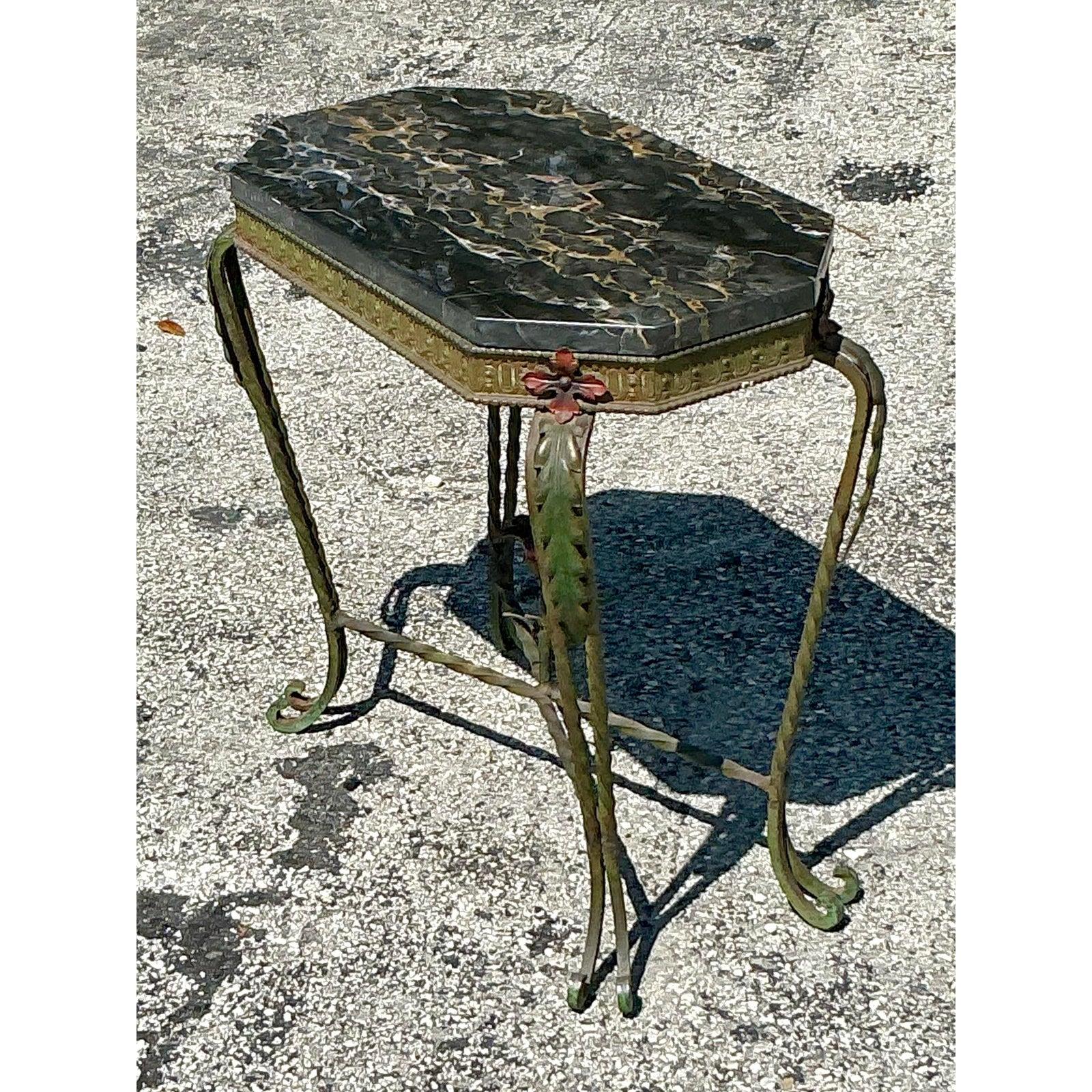 20th Century Vintage Deco Stone and Wrought Iron Side Table For Sale