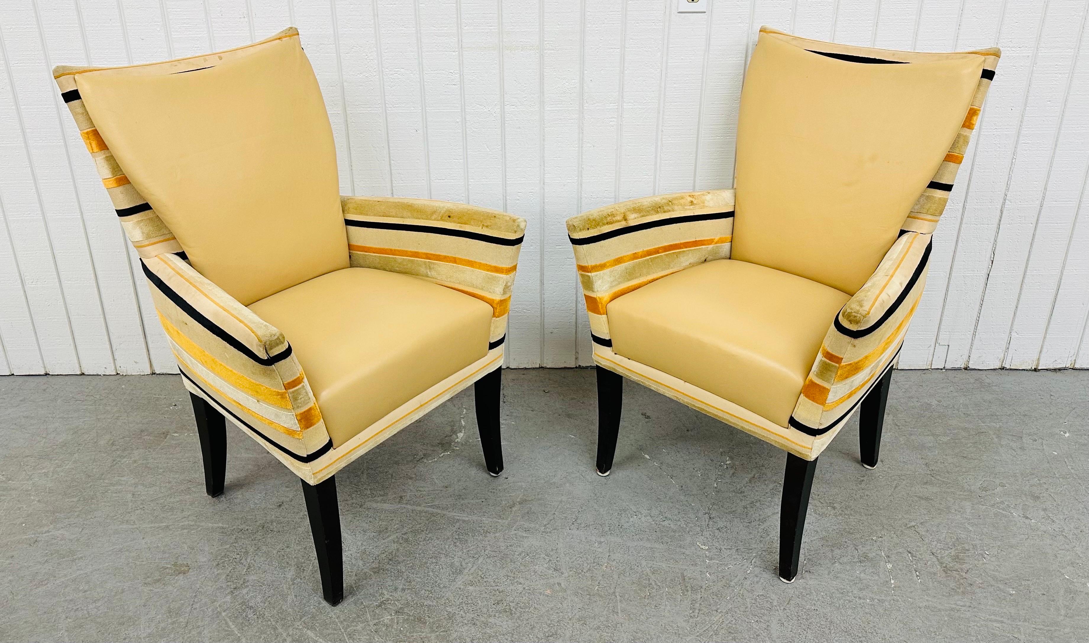 This listing is for a pair of vintage Deco style lounge chairs. Featuring a straight line design, vinyl backrests / seat cushions, striped upholstered frames, tapered wooden legs, and a solid structure. This is an exceptional combination of quality
