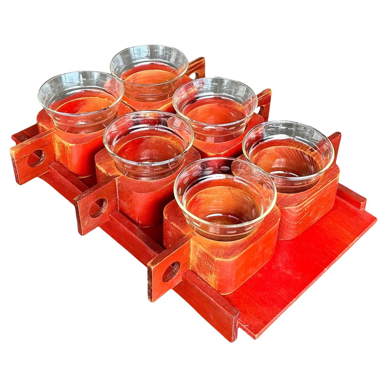 Set di tazze e vassoi in legno deco vintage - 7 pezzi