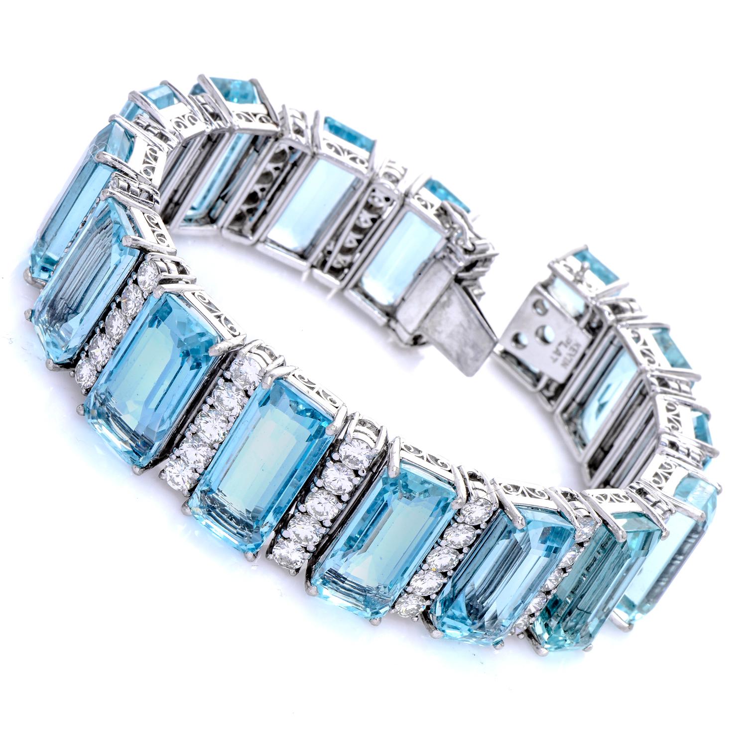 The waves of the sea reflected on high-quality Aquamarines!

This stunning vintage aquamarine and diamond bracelet is crafted in Luxurious Platinum.

Its design features 15 well-matched high-quality genuine emerald cut shaped genuine

Aquamarine