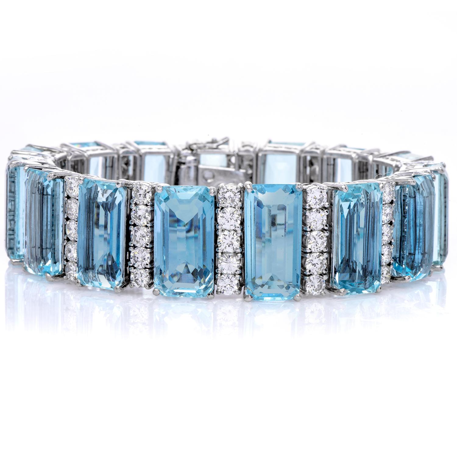 Breites Deko-Gliederarmband, GIA 103,75 Karat Aquamarin, Diamant, Platin im Zustand „Hervorragend“ im Angebot in Miami, FL