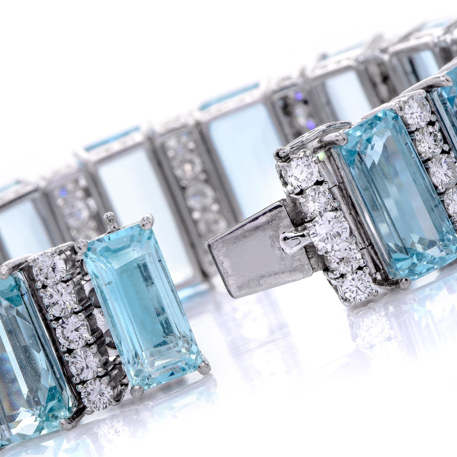 Women's Vintage GIA 103.75 carats Aquamarine Diamond Platinum Wide Deco Link Bracelet For Sale