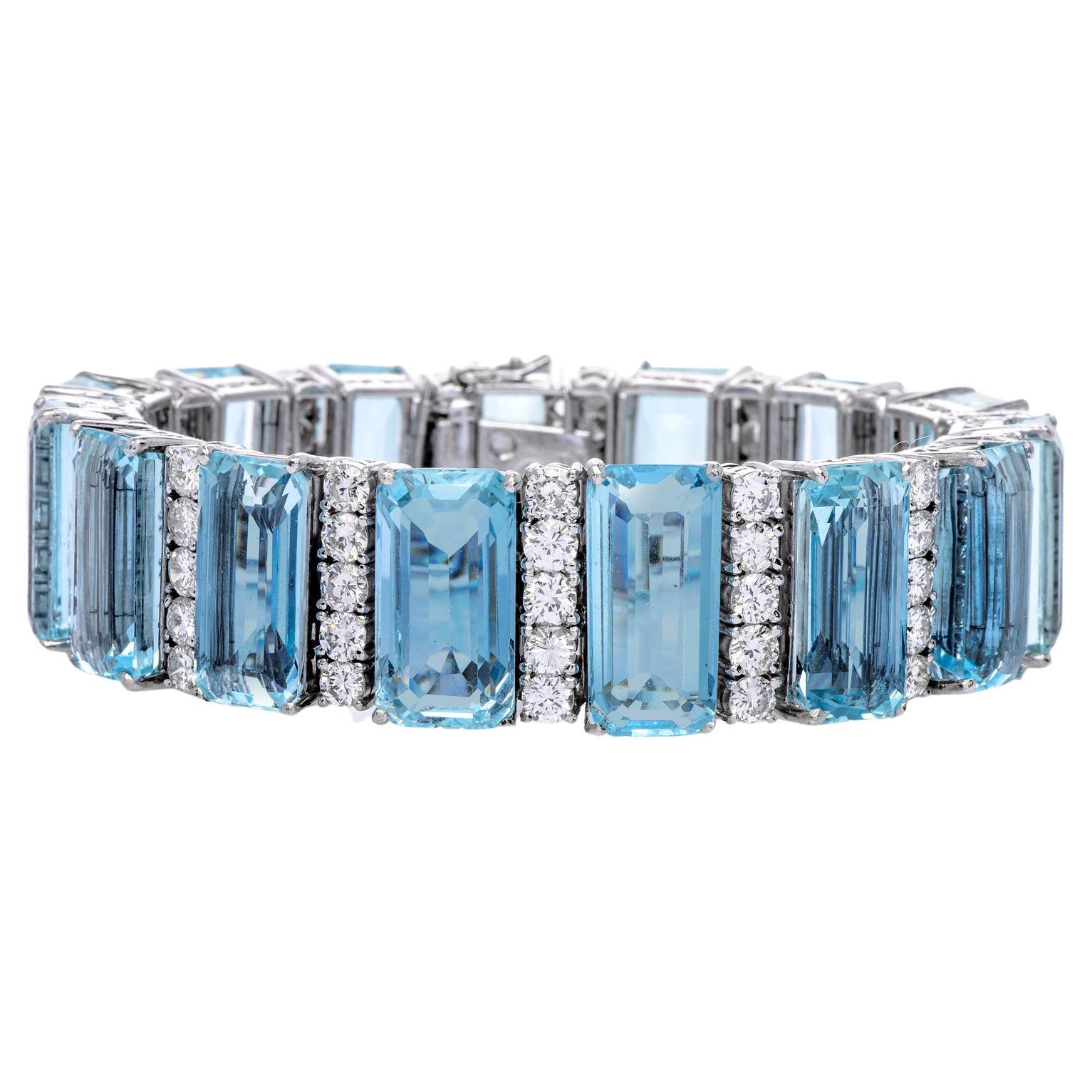 Vintage GIA 103.75 carats Aquamarine Diamond Platinum Wide Deco Link Bracelet For Sale