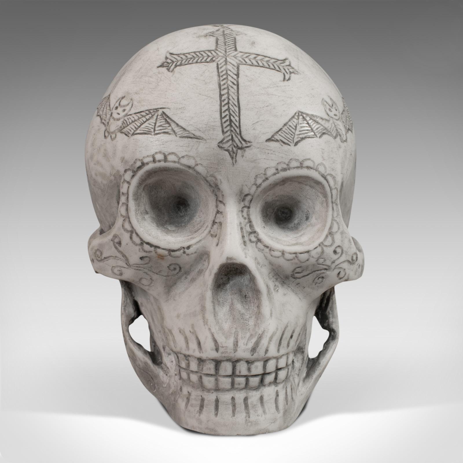This is a vintage decorated skull. An English marble ornament with hand-finished decoration by Dominic Hurley, dating to the late 20th century.

One of one collector appeal
Displays a desirable aged patina
Substantial form, ideal as a