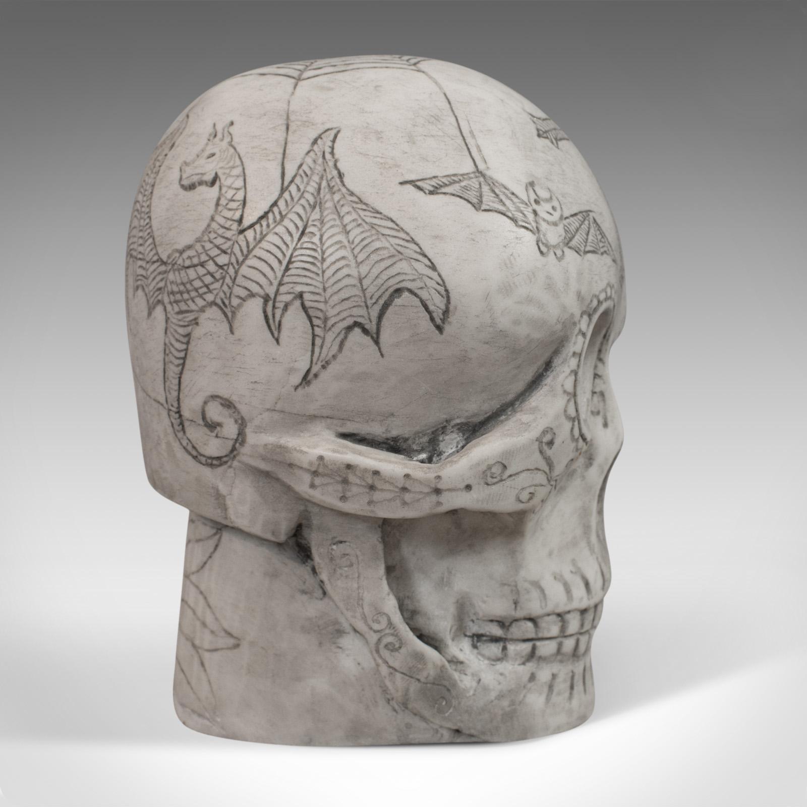 20th Century Vintage Decorated Skull, English, Marble, Ornament, Hand Finished, D. Hurley For Sale