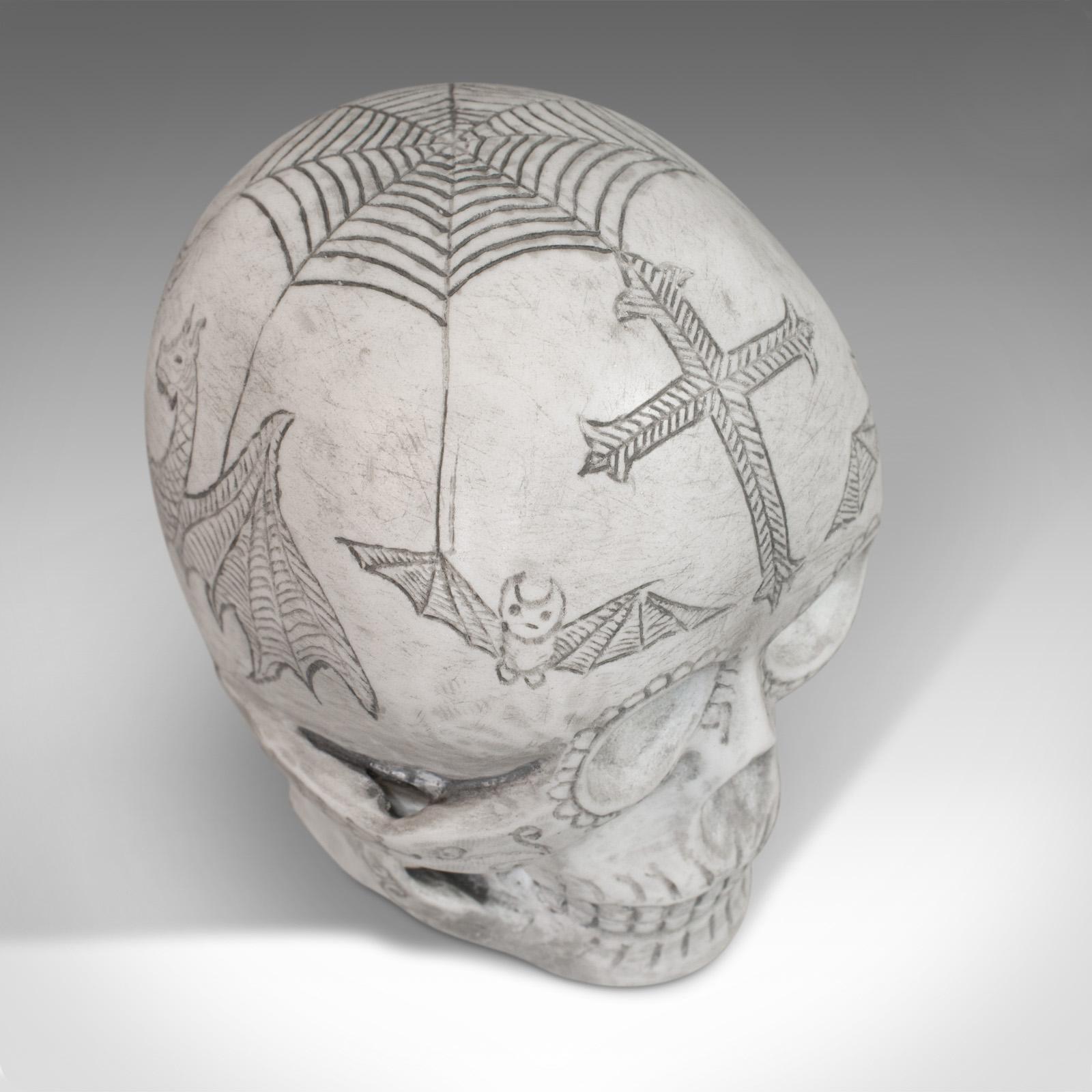 Vintage Decorated Skull, English, Marble, Ornament, Hand Finished, D. Hurley For Sale 3