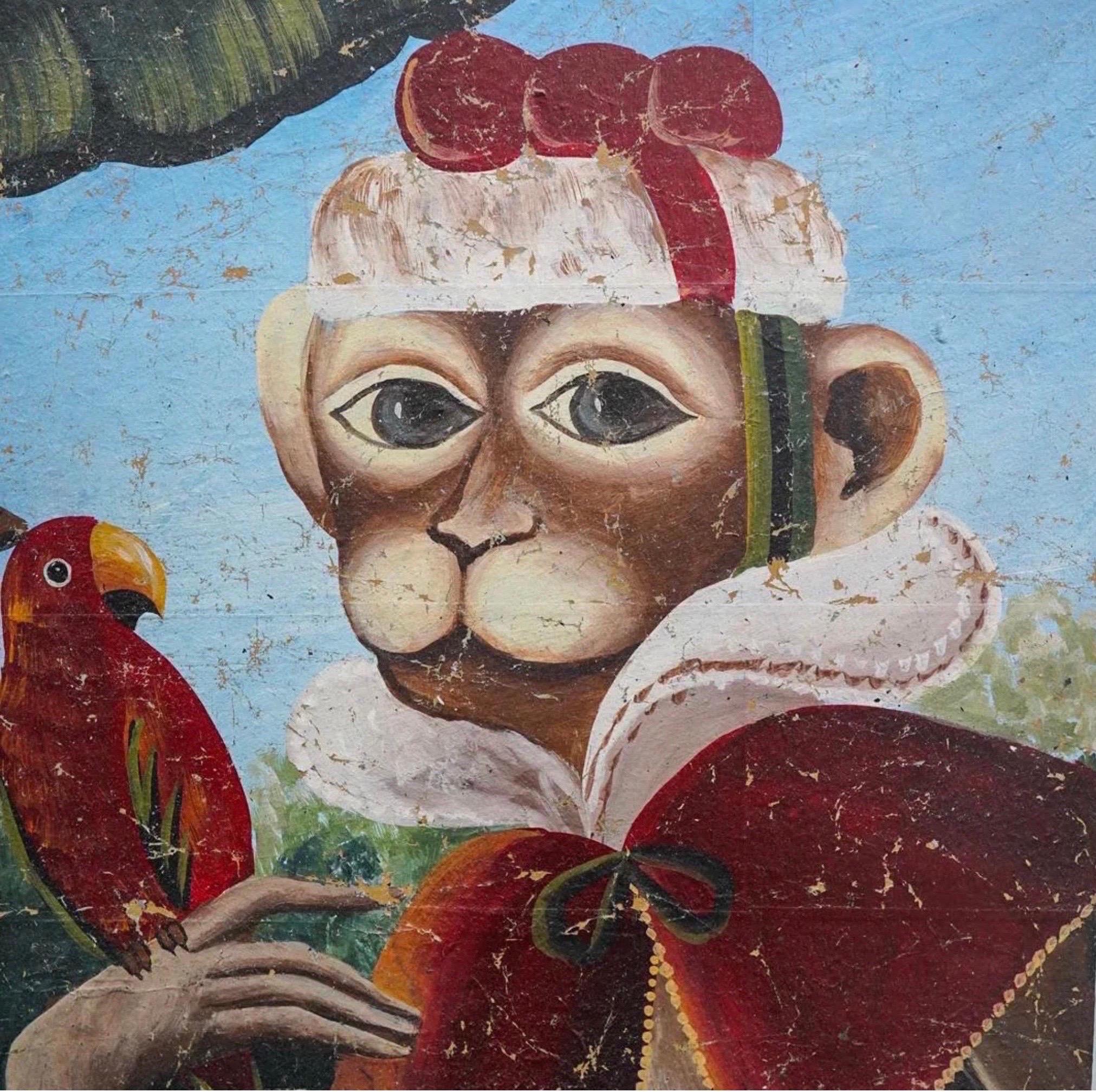 A vintage privacy panel of room divider screen with decorative monkey playing instrument motif, composed of paper mache with wood framed foundation.