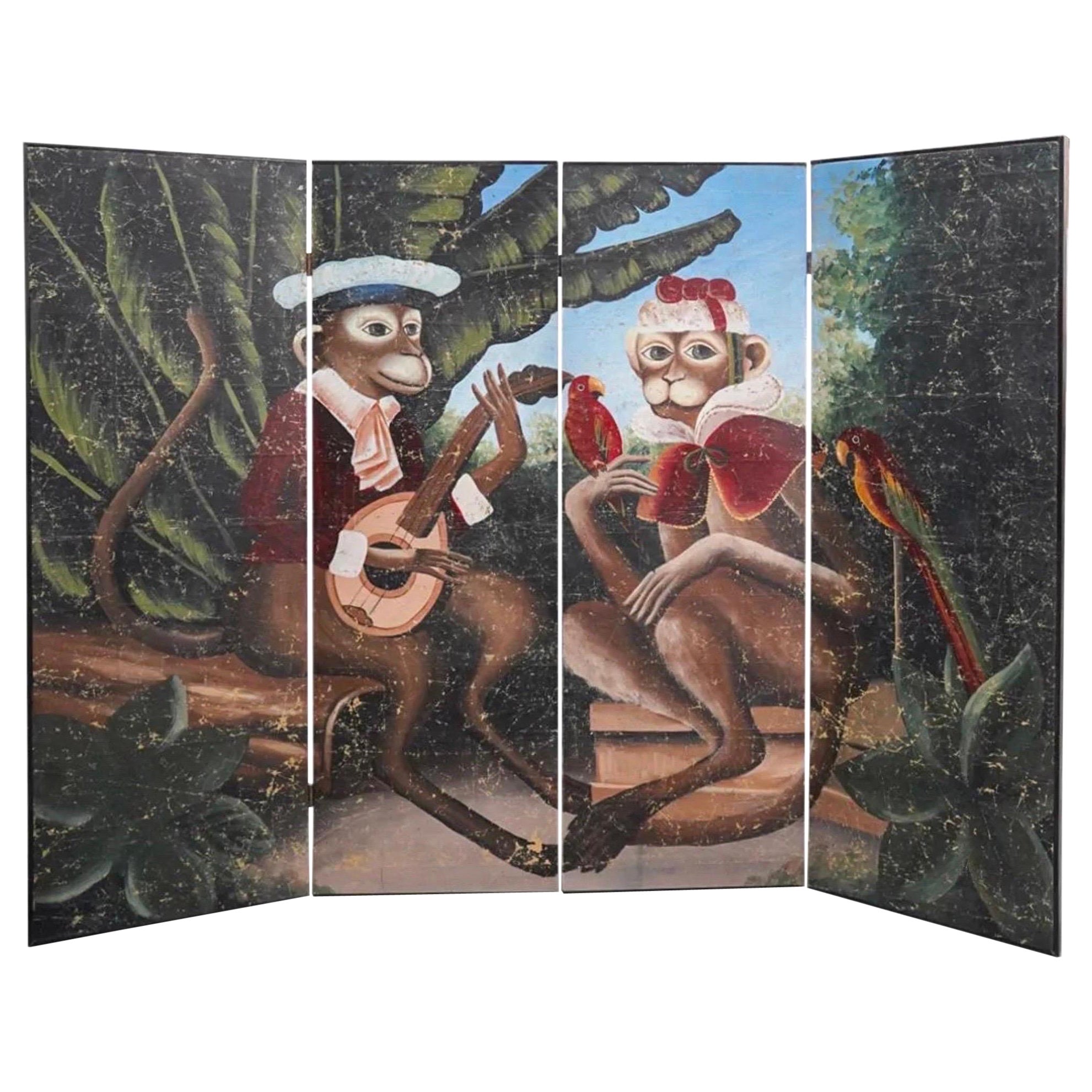 Vintage Decorative 4 Panels Monkeys Screen or Room Divider