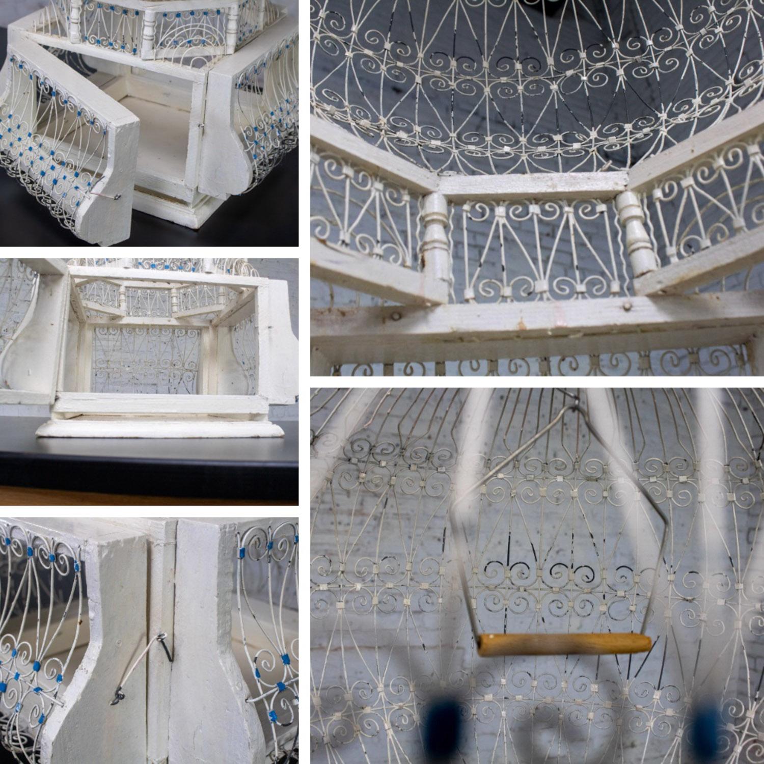 Gabbia decorativa d'epoca per uccelli Nordafricana Tunisina Francese Coloniale Bianca e Blu in vendita 11