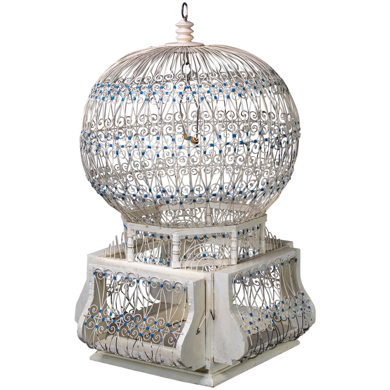 Jaula Decorativa para Pájaros Vintage Tunecina Norteafricana Colonial Francesa Blanca y Azul