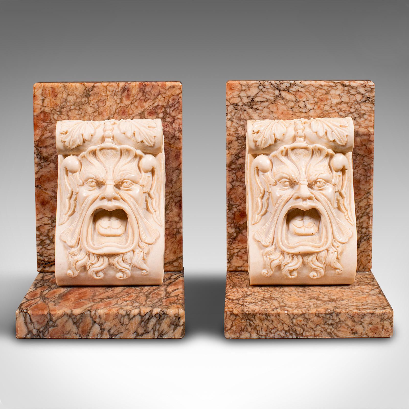 This is a pair of vintage decorative bookends. An Italian, marble book rest in classical taste, dating to the Art Deco period, circa 1940.

Fascinating decorative bookends with a striking appearance
Displaying a desirable aged patina and in very