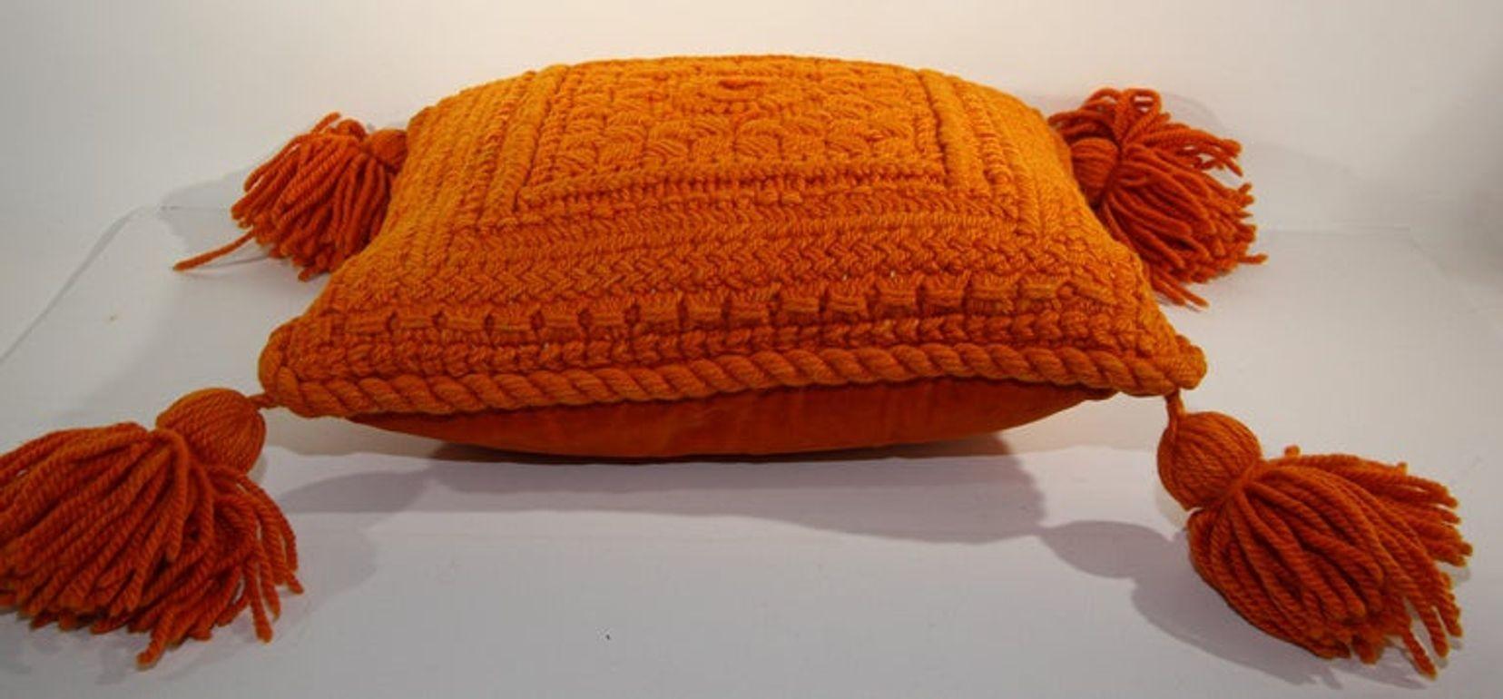 Vintage Decorative Burnt Orange 1960s Crochet Pillow with Tassells 4