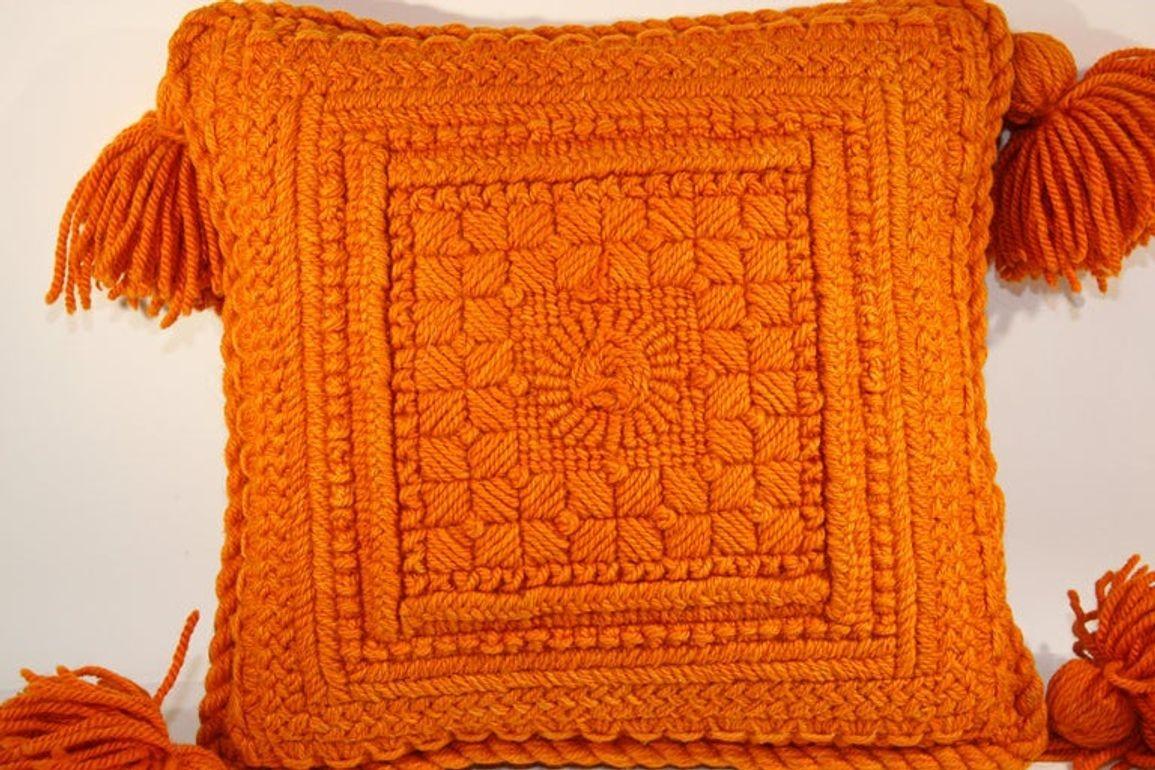 Vintage Decorative Burnt Orange 1960s Crochet Pillow with Tassells 5