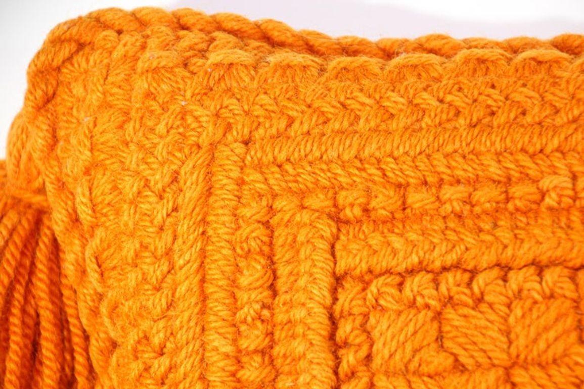 Vintage Decorative Burnt Orange 1960s Crochet Pillow with Tassells 7
