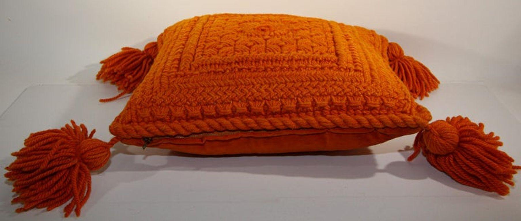 Vintage Decorative Burnt Orange 1960s Crochet Pillow with Tassells 11
