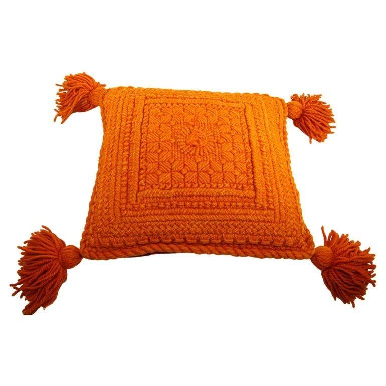 Vintage decorative bright orange 1960s crochet pillow with tassels.
This vintage 1960's orange throw pillow will brighter any room.
Measures: 15