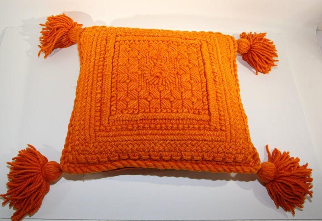 Mid-Century Modern Vintage Decorative Burnt Orange 1960s Crochet Pillow with Tassells