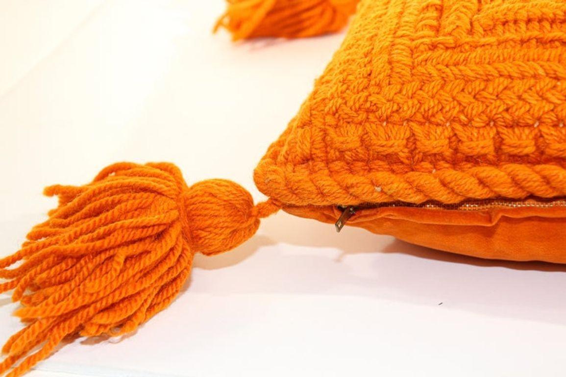 Silk Vintage Decorative Burnt Orange 1960s Crochet Pillow with Tassells
