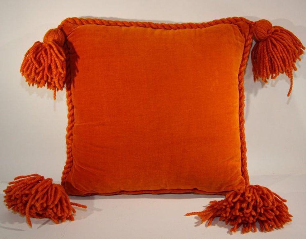 Vintage Decorative Burnt Orange 1960s Crochet Pillow with Tassells 1