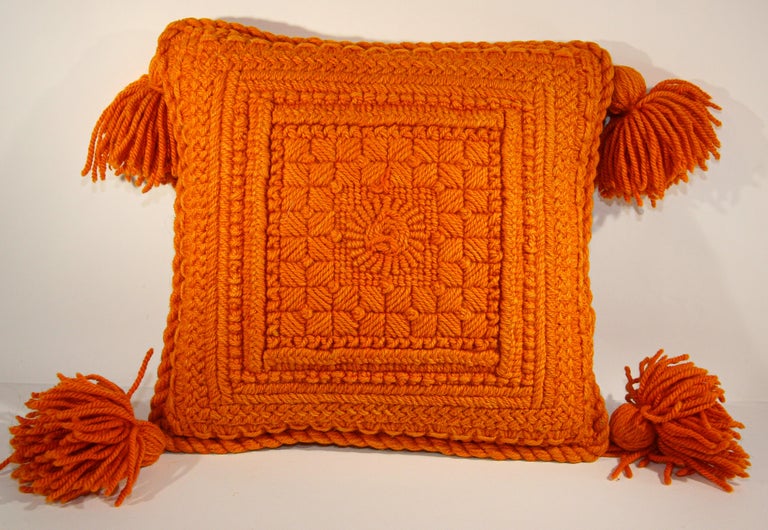 Vintage Decorative Burnt Orange 1960s Crochet Pillow with Tassells at  1stDibs