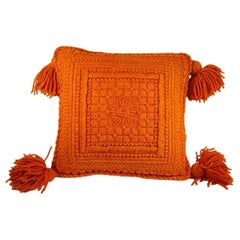 Vintage Decorative Burnt Orange 1960s Crochet Pillow with Tassells