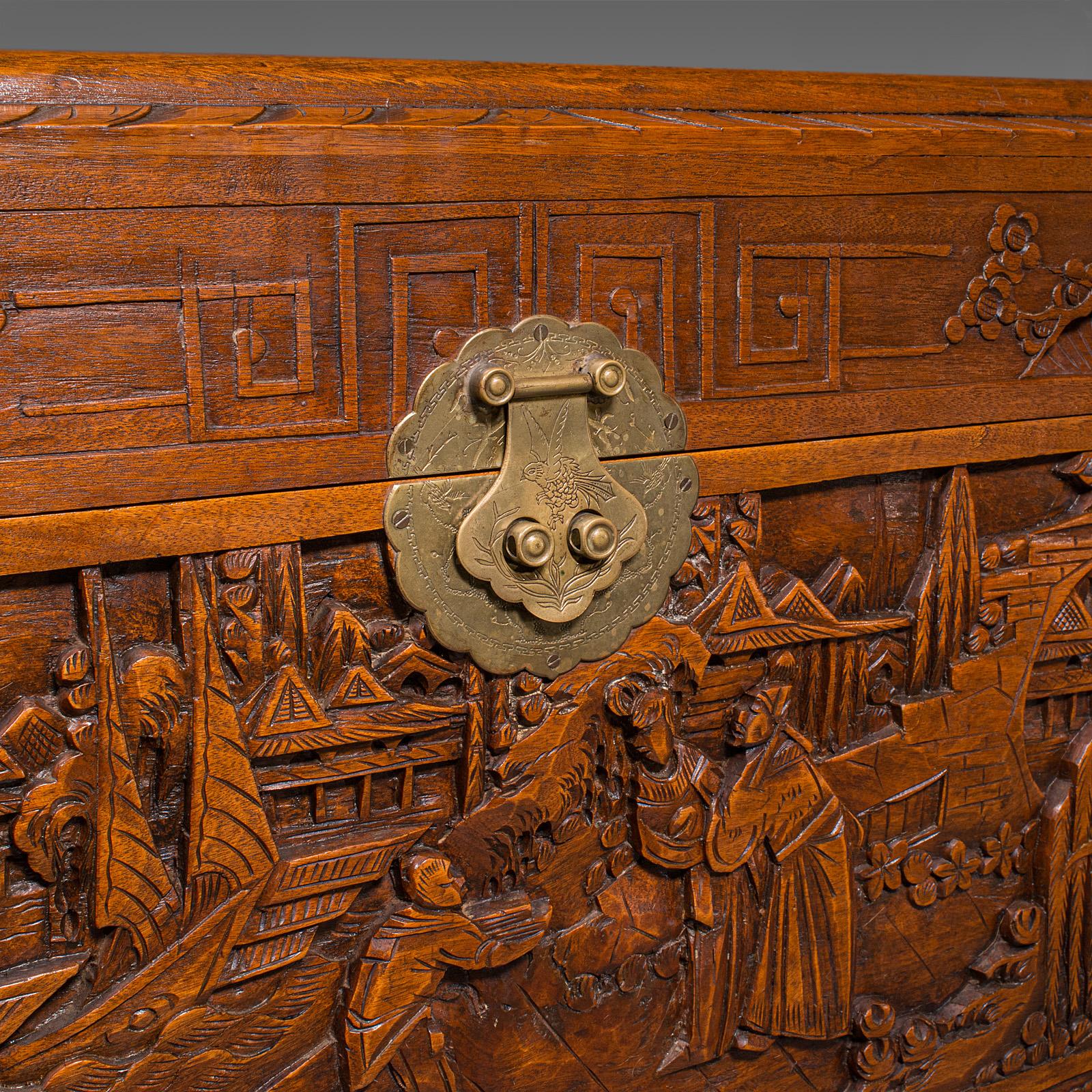 Vintage Decorative Carved Chest, Chinese, Camphorwood, Linen Trunk, Art Deco 5