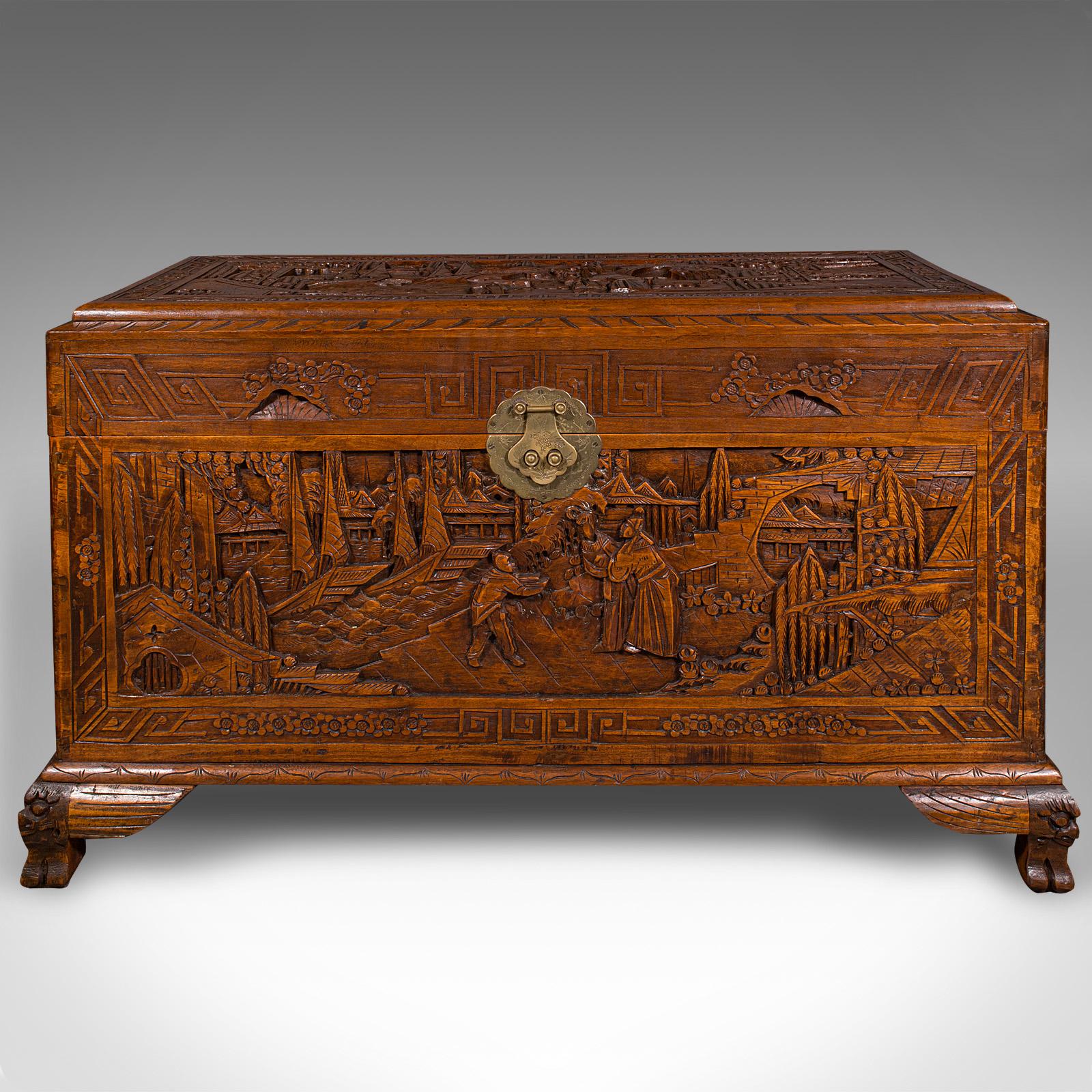 Vintage Decorative Carved Chest, Chinese, Camphorwood, Linen Trunk, Art Deco In Good Condition In Hele, Devon, GB