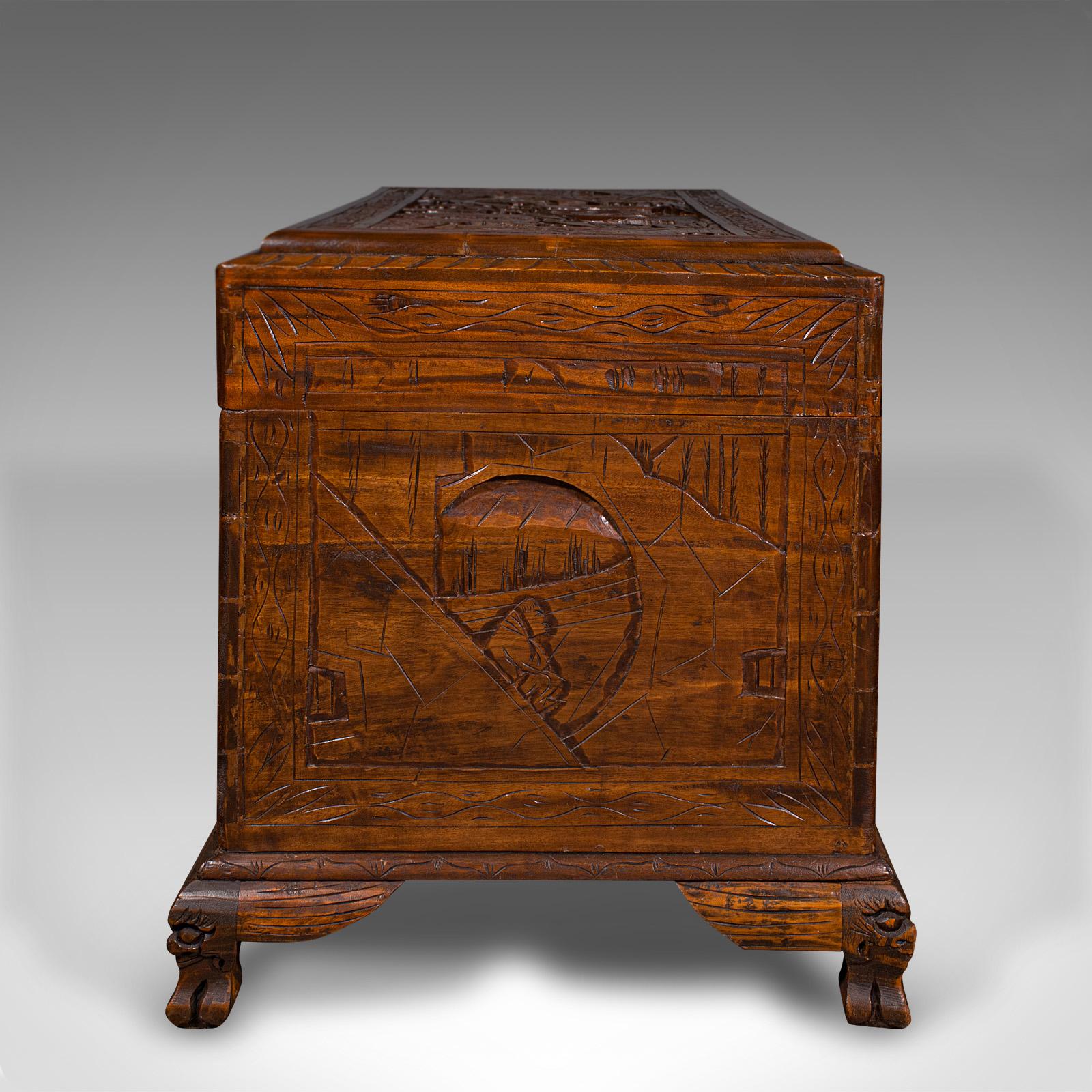 20th Century Vintage Decorative Carved Chest, Chinese, Camphorwood, Linen Trunk, Art Deco