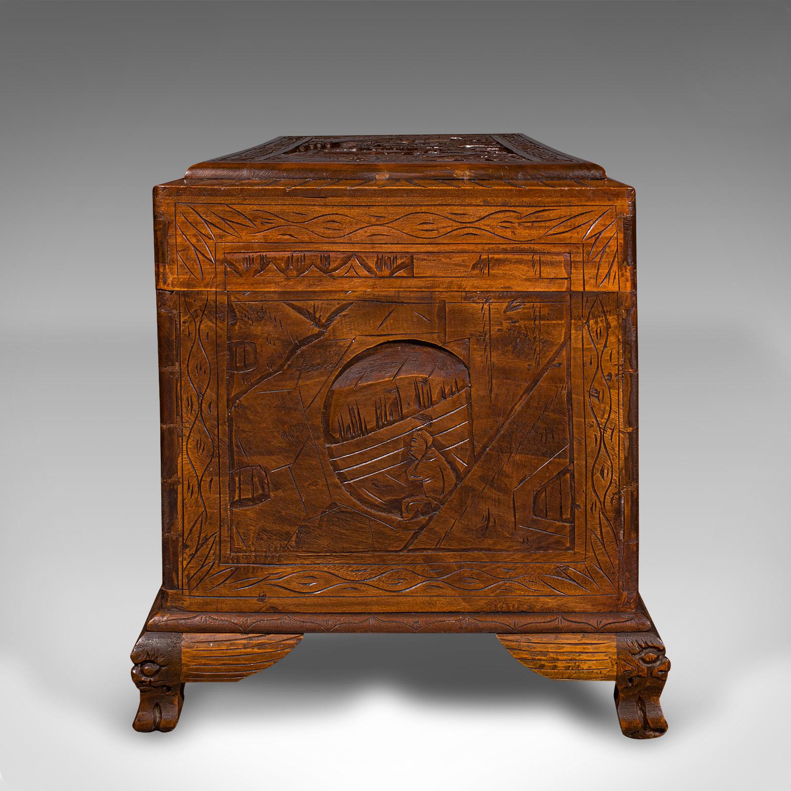 Wood Vintage Decorative Carved Chest, Chinese, Camphorwood, Linen Trunk, Art Deco