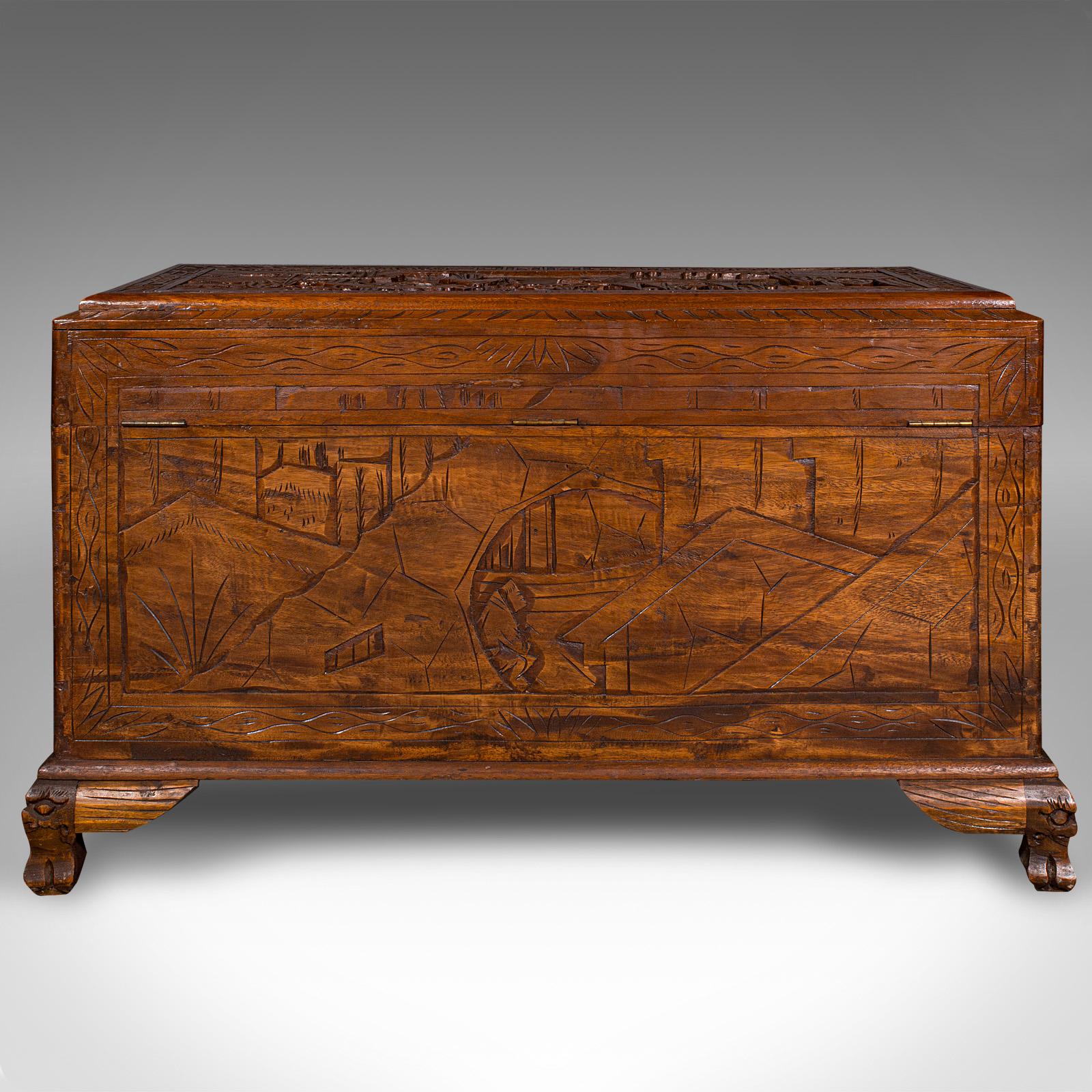Vintage Decorative Carved Chest, Chinese, Camphorwood, Linen Trunk, Art Deco 1
