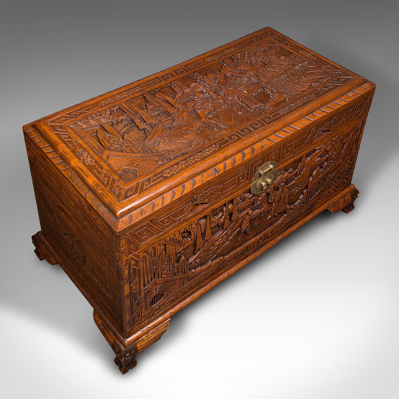 Vintage Decorative Carved Chest, Chinese, Camphorwood, Linen Trunk, Art Deco 2