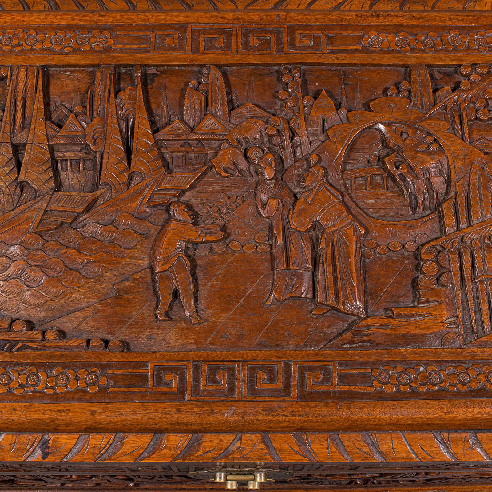 Vintage Decorative Carved Chest, Chinese, Camphorwood, Linen Trunk, Art Deco 4