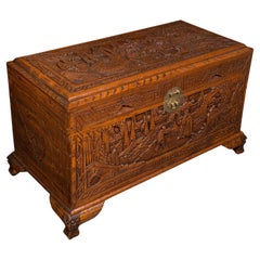 Vintage Decorative Carved Chest, Chinese, Camphorwood, Linen Trunk, Art Deco
