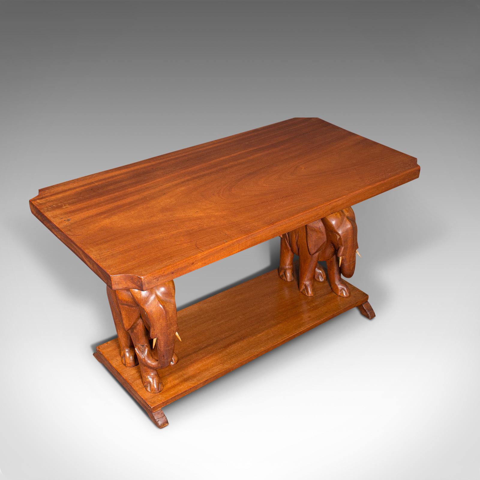 20th Century Vintage Decorative Coffee Table, Asian, Mahogany, Side, Elephants, Art Deco