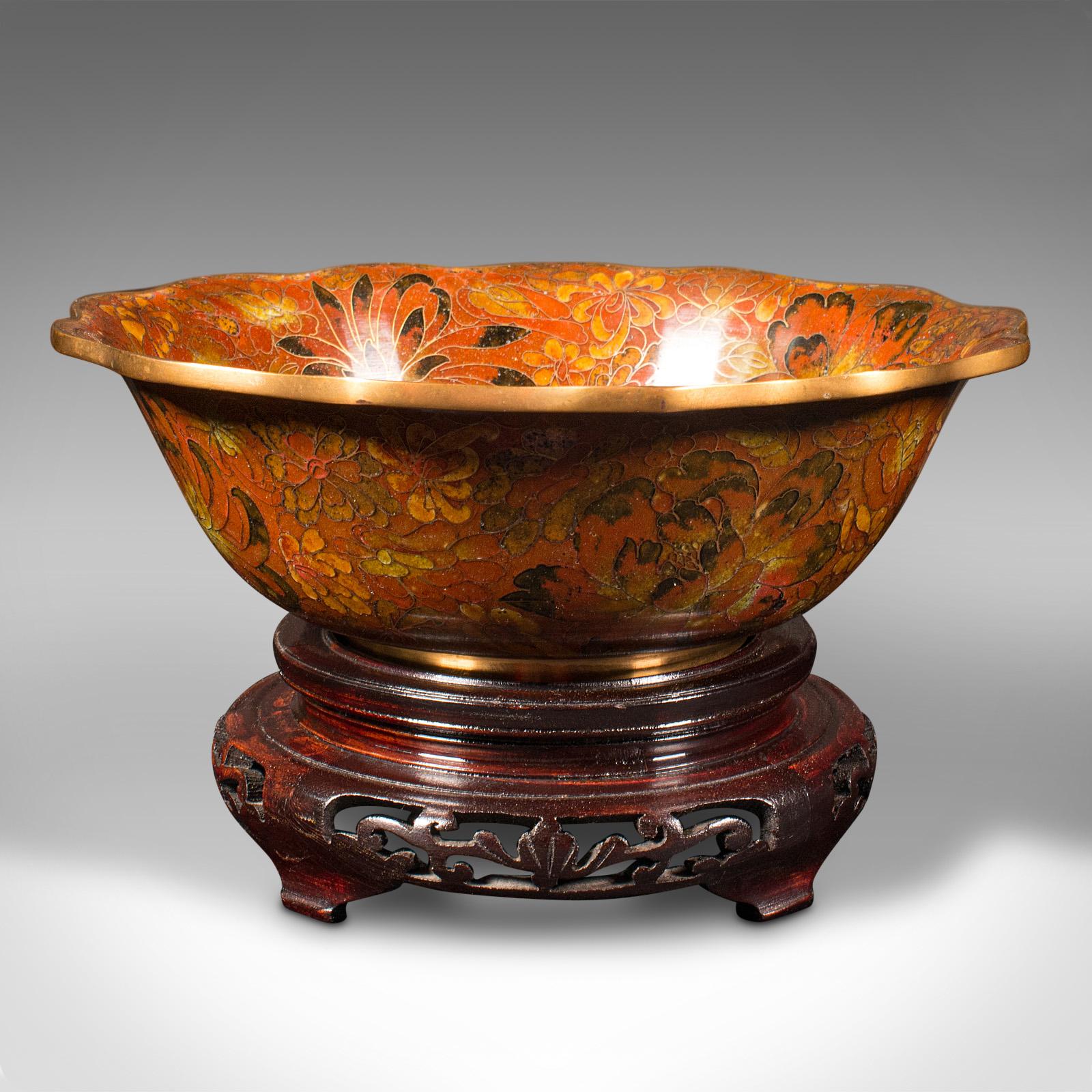 This is a vintage decorative display bowl. A Japanese, cloisonné dish on stand, dating to the late Art Deco period, circa 1940.

Wonderfully unusual colour in the manner of traditional satsuma ware
Displays a desirable aged patina and in good